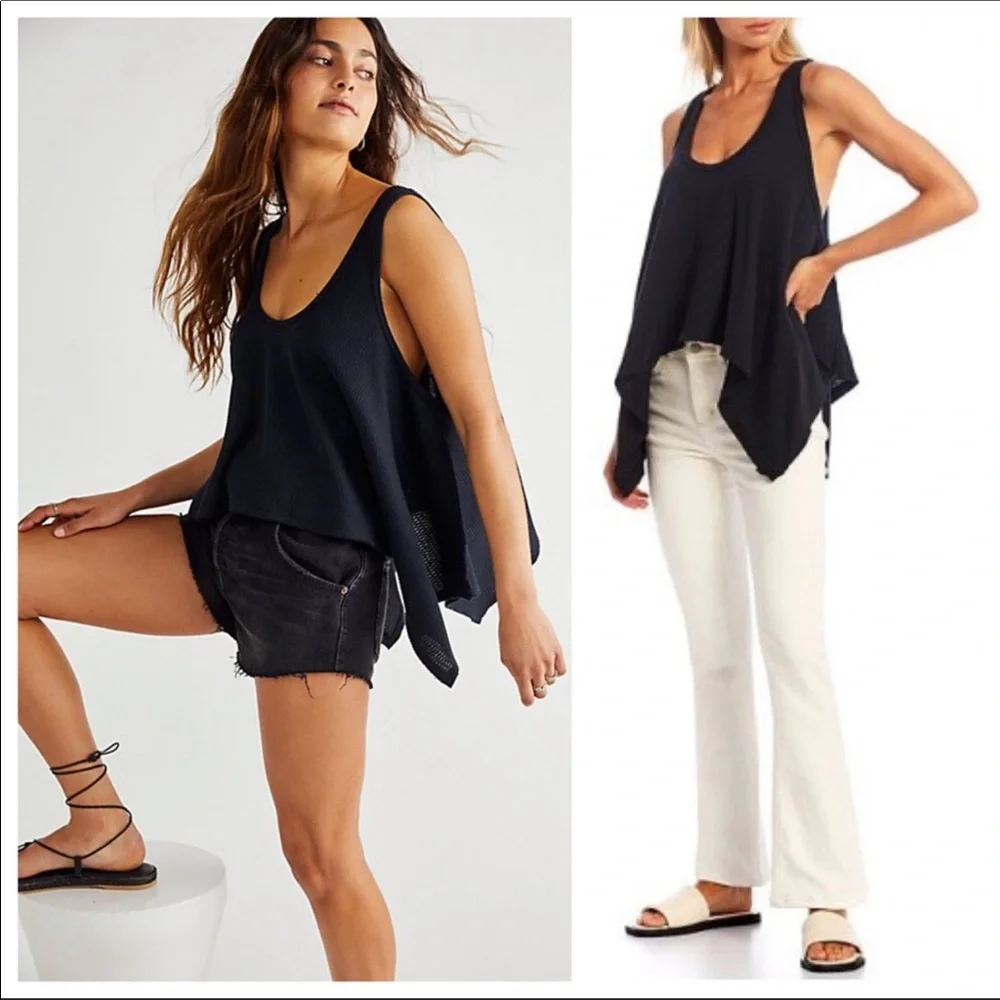 FREE PEOPLE BOHO FLOWY TOP BOHEMIAN TUNIC TANK SLEEVELESS BLACK KNIT TEE A3C - Picture 13 of 15